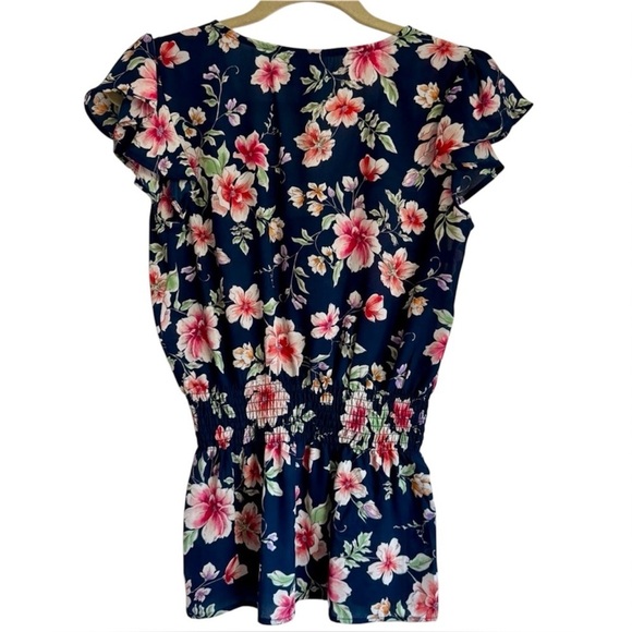 NWT Bobeau Navy Floral Print Blouse Summer Peplum Smocked Waist Top Size XS - Picture 6 of 8
